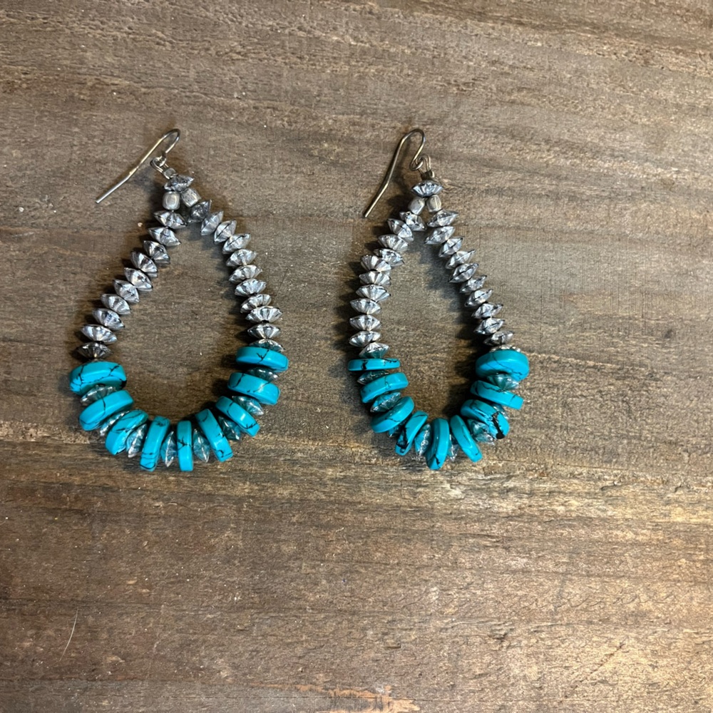 Boho Turquoise and Silver Teardrop Shaped Earrings